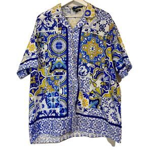boohooMAN Men’s Geometric Short Sleeve Button Up Shirt Blue Yellow Size XL EUC